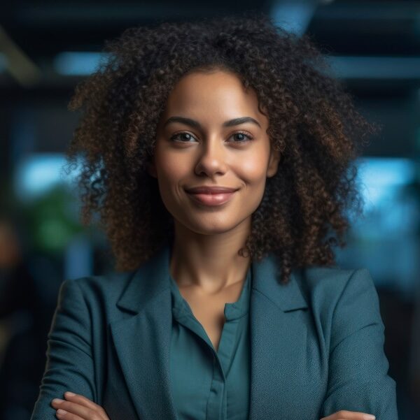 Happy Young African American Young Woman Sitting In Her Chair Smiling. Ai Generative